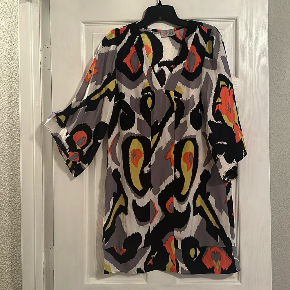 3/4 Wide Sleeve Geometric Design Silk Dress